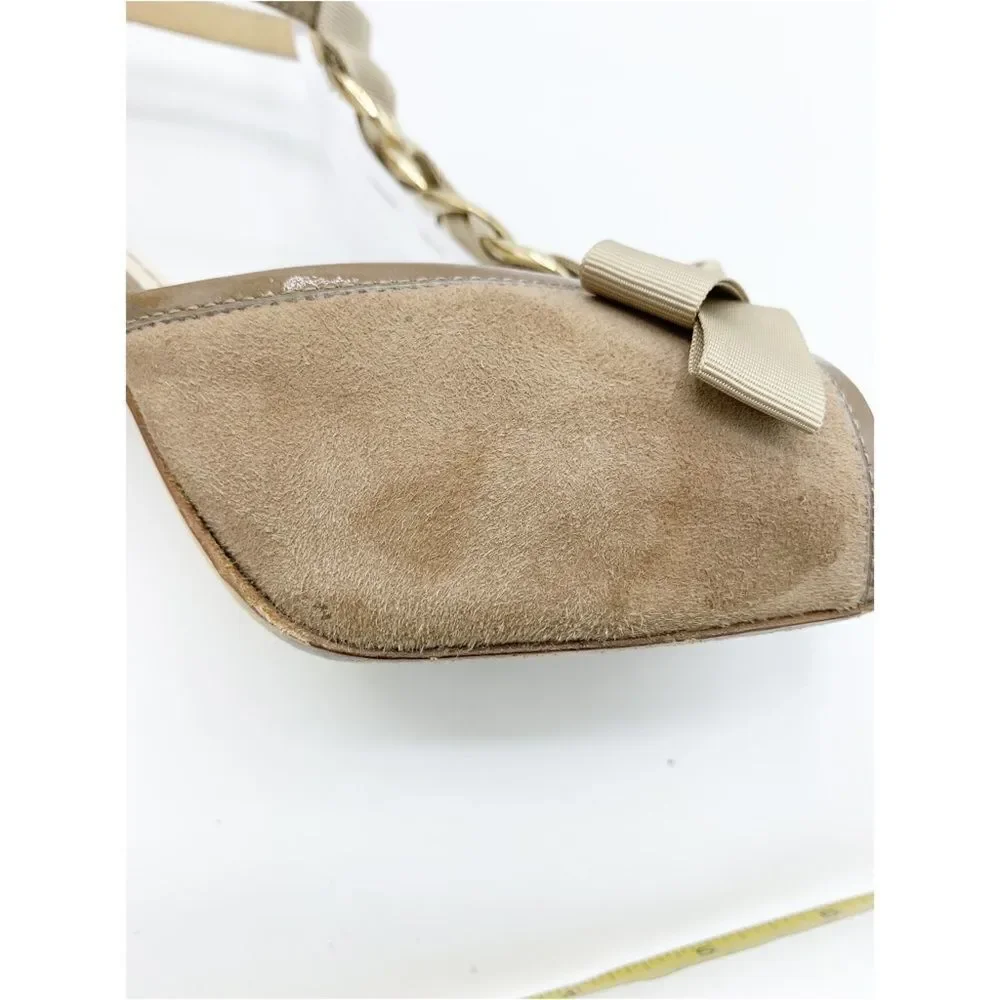 Kate Spade Taupe Suede Peep-to Platform Stiletto Sandals Chain w/Ribbon Sz 7.5‎